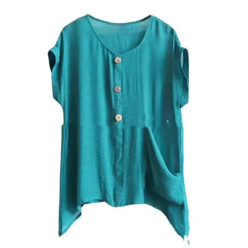 Women's Buttoned Linen Tunic Top-Green-2