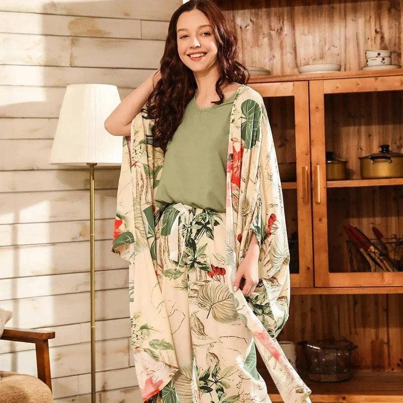 Floral Print Women's Kimono Robe Set-B-2