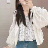 Floral Camisole Top with Sheer Sleeve Blouse-White sun protection shirt-1