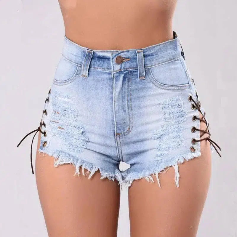 Cutoff Side Lacing Jeans Shorts-2