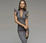 LOVEMI - Lovemi - deep V-neck lotus leaf sleeve tight fit dress