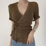 Wrap-Style Knit Top with Tie Waist and V-Neck-Khaki-1