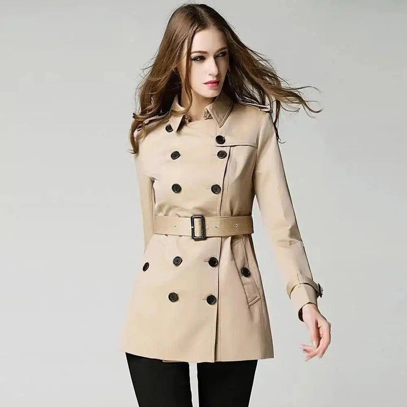 Womens Double-Breasted Belted Trench Coat-Khaki-1