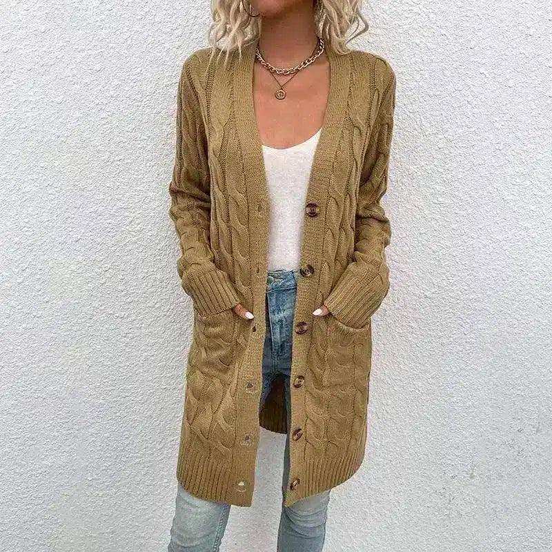 Women's Cable Knit Long Cardigan with Buttons-Khaki-6