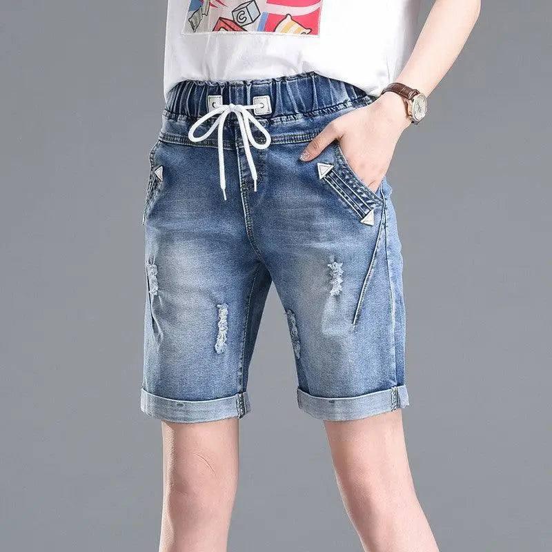 Elastic Women's hole casual shorts-4