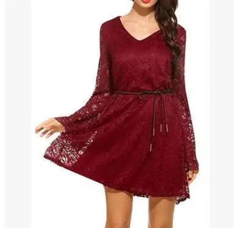 Elegant lace dress summer V-neck large size dress-Claret-21