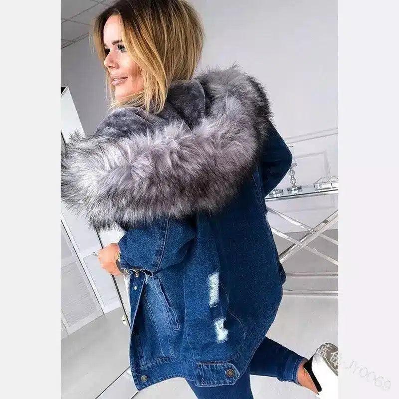 European And American Retro Big Fur Collar Denim Jacket-Blue-4