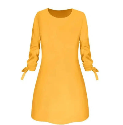 European and American solid color dress casual O-neck dress-Yellow-19