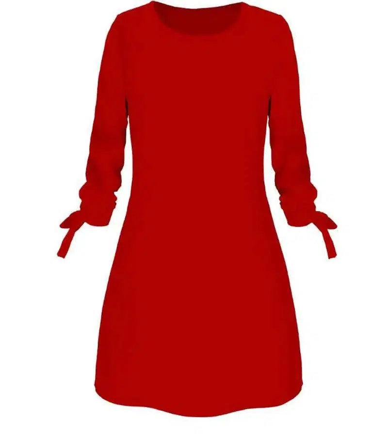 European and American solid color dress casual O-neck dress-Red-27