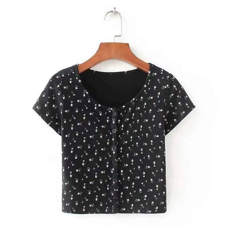 Women's Buttoned Crop Top T-Shirts-1Black-6