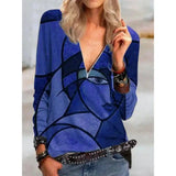 Face Print Pattern Long-sleeved Zipper T-shirt For-Blue-4