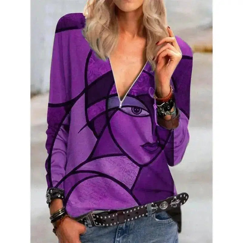 Face Print Pattern Long-sleeved Zipper T-shirt For-Purple-5