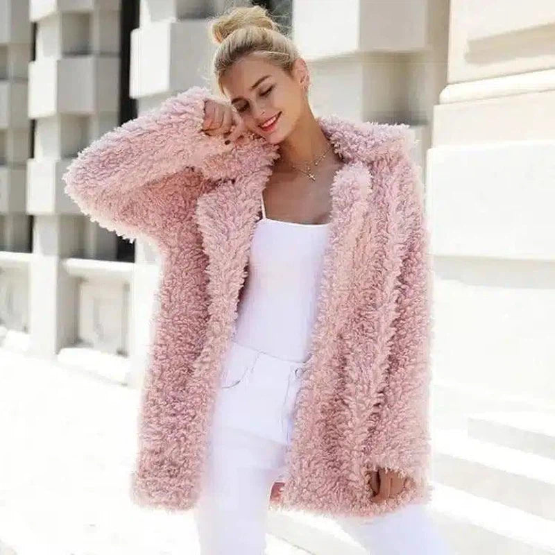 Fashion Women Loose Collar Fur Jacket Winetr Fur Coats-Pink-1