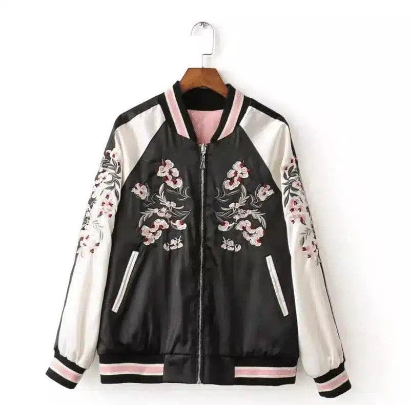 Embroidered Floral Bomber Jacket with Zip Closure-Black-1