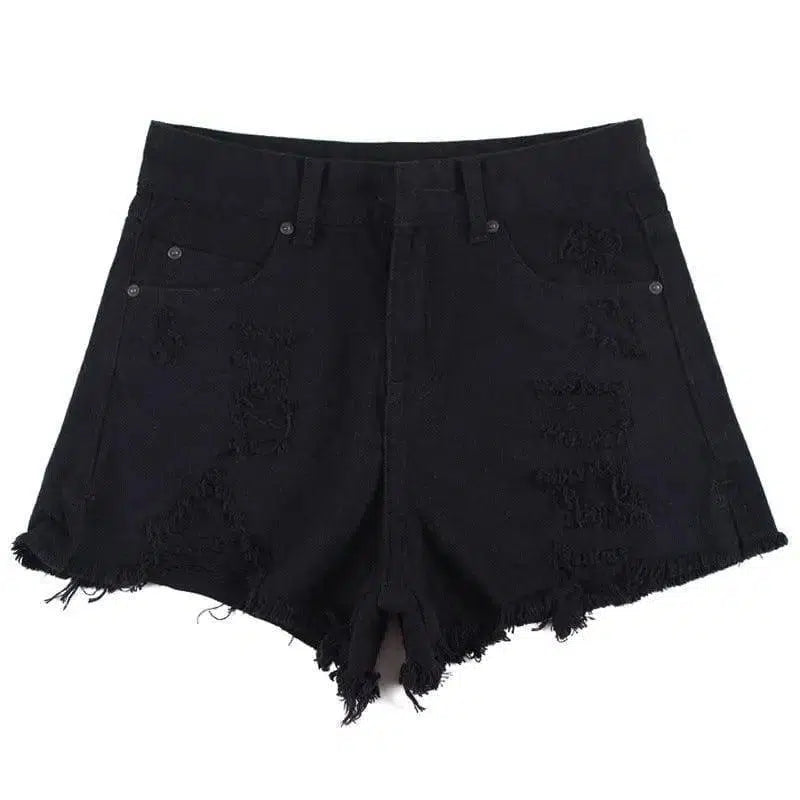 High Waist Ripped Denim Shorts-Black-22