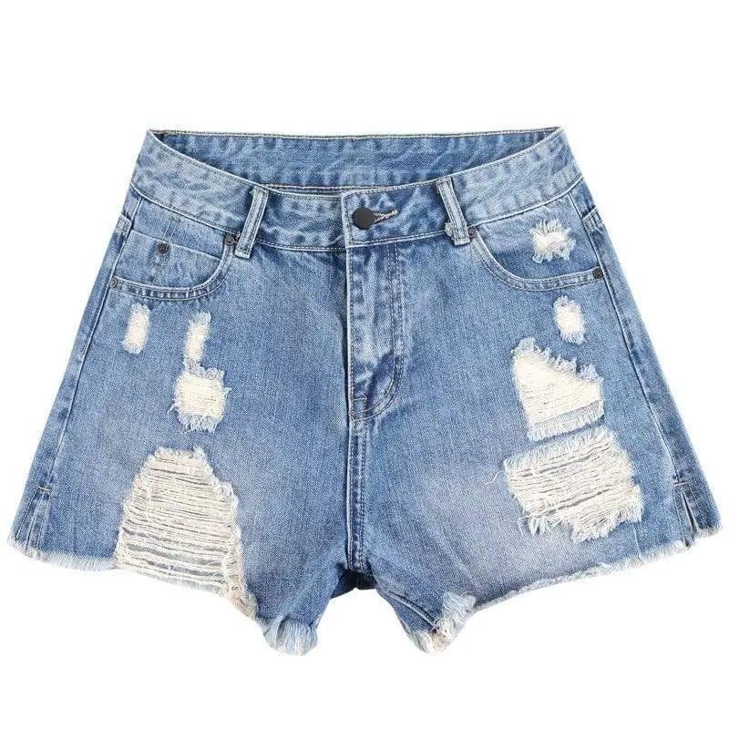 High Waist Ripped Denim Shorts-Blue-26