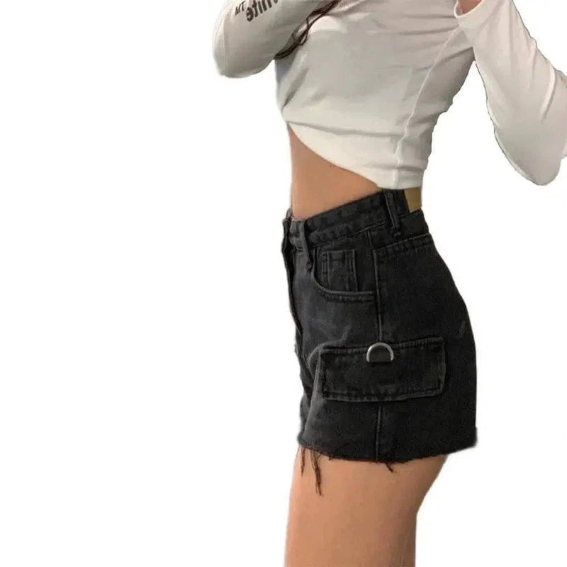 High-waisted jeans chain wide-leg raw shorts-5