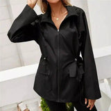 Women's Hooded Drawstring Waist Jacket-Black-2