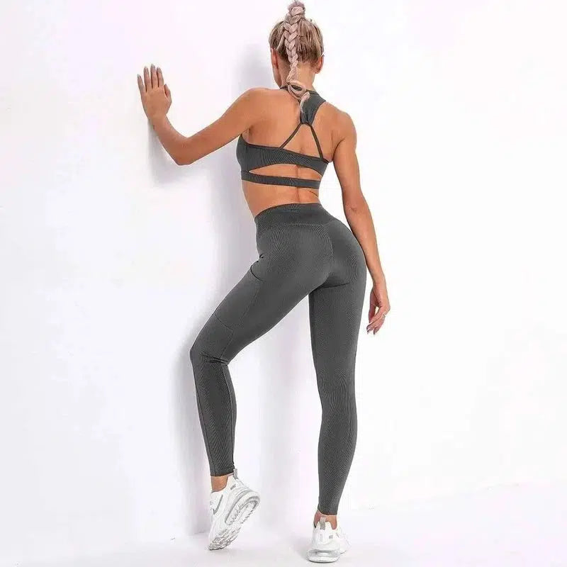 Hot Selling Striped Pocket Yoga Suits In Europe And-Gray-1