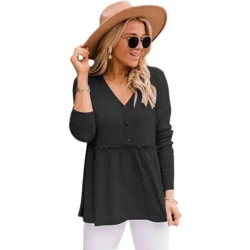 Womens V-Neck Buttoned Tunic Top-Black-1