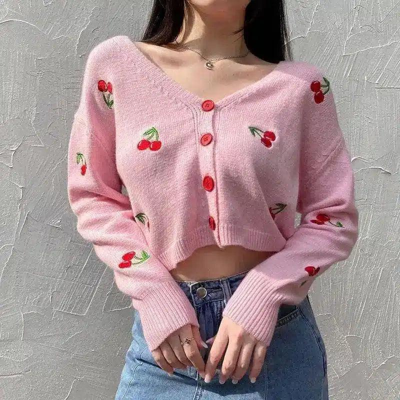 LOVEMI - Lovemi - Knit Sweater Women Cherry Embroidery All-match