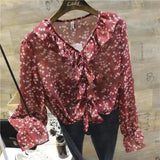 Floral Tie-Front Blouse with Bell Sleeves-Red-1