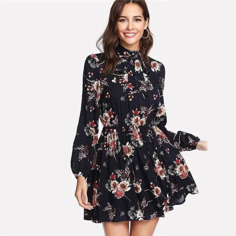 Lace-up long-sleeved elastic waist print dress-darkblue-7