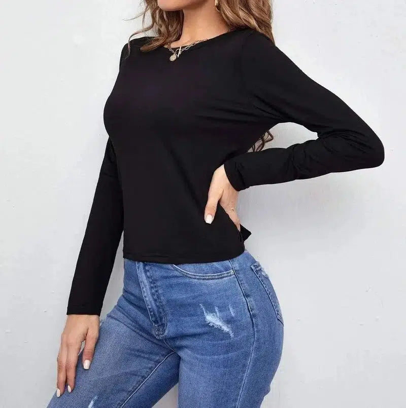 Lace-Up T-Shirt Women Hollow Open Back Long-Sleeved Yoga-Black-1