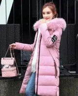 Women's Hooded Puffer Jacket with Faux Fur Trim-Pink-3