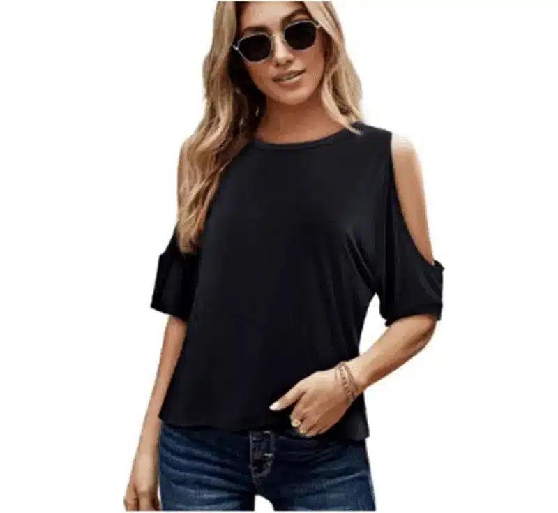 Women's Leopard Print Cold Shoulder Top-Black-2