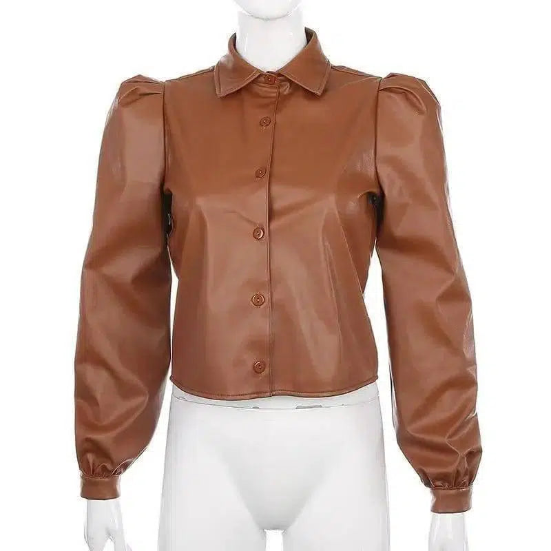 Long Puff Sleeve Turn Down Collar Women Leather Shirt-Brown-3