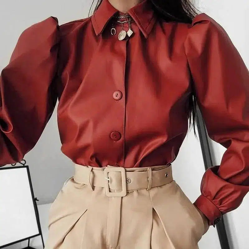 Long Puff Sleeve Turn Down Collar Women Leather Shirt-Red-4