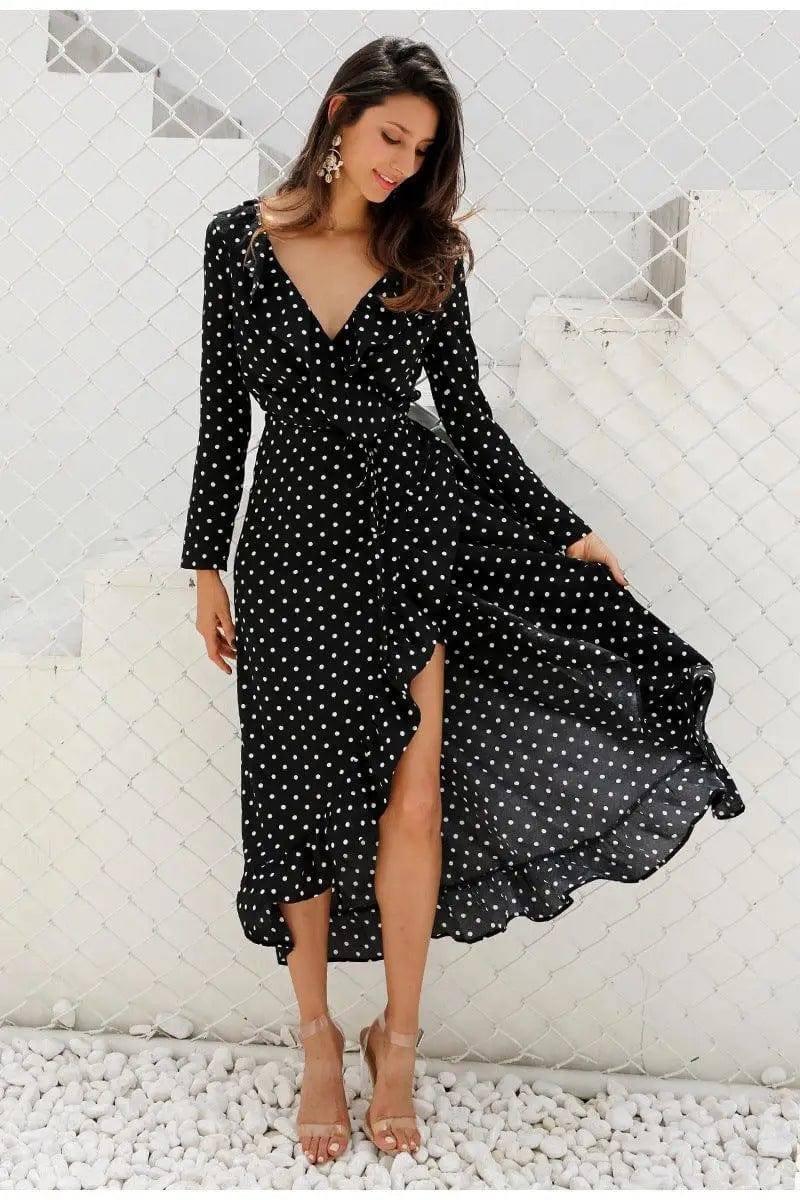 Long sleeve polka dot ruffled split dress black dress maxi-3