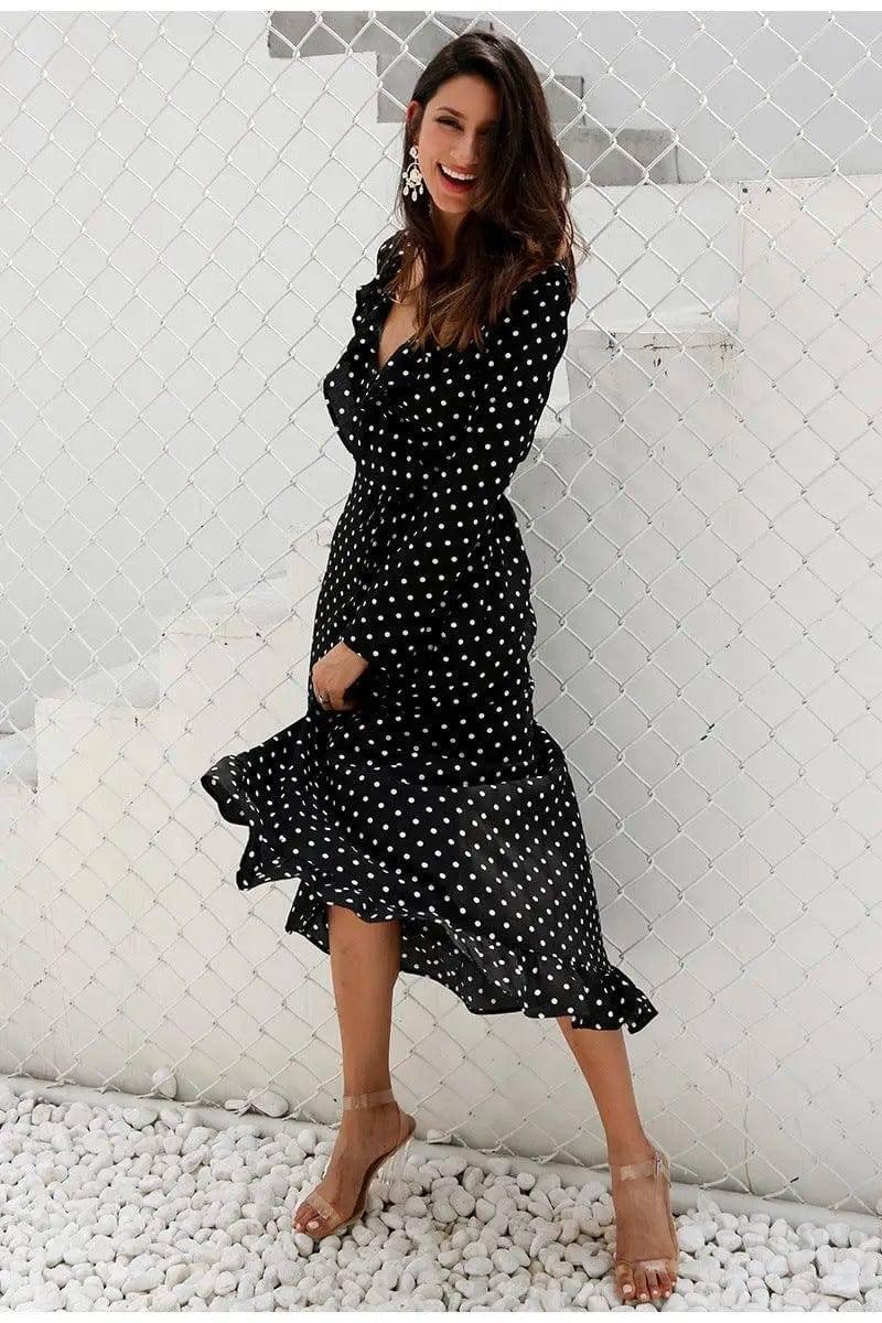 LOVEMI - Lovemi - Long sleeve polka dot ruffled split dress black