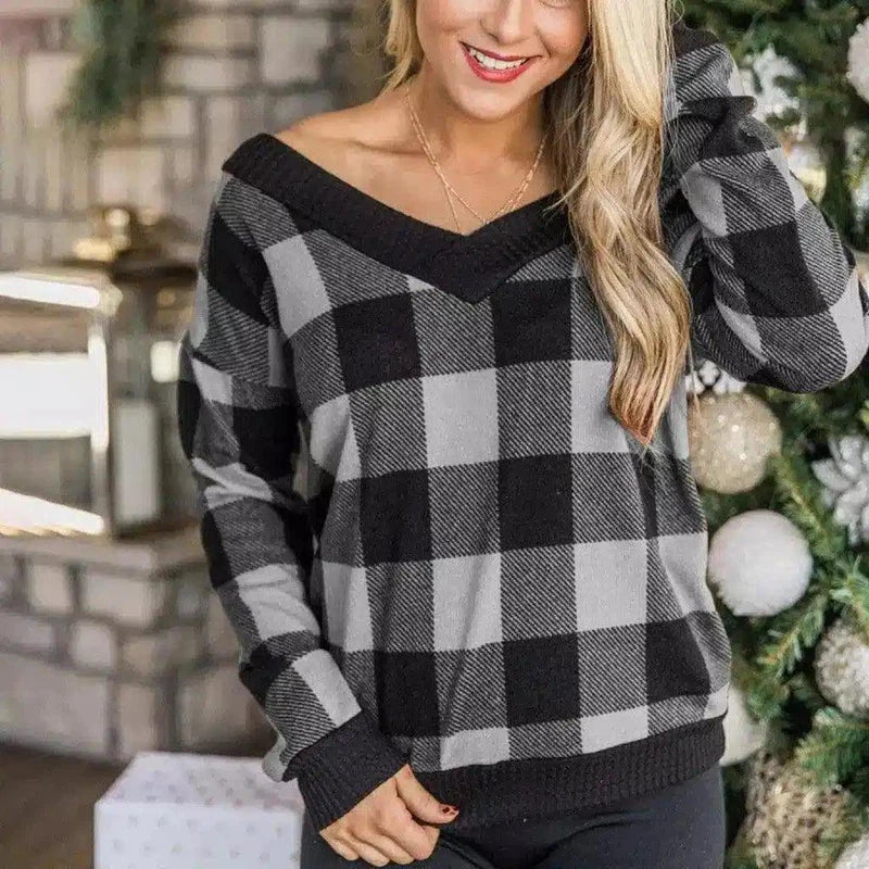 Warm Plaid V-Neck Women's Sweater-Grey-2