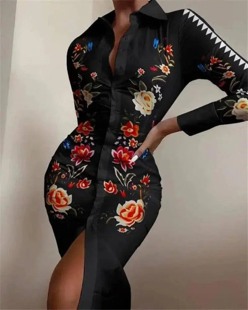 Long-sleeved Waist Printed Shirt Dress-Big black flower-15