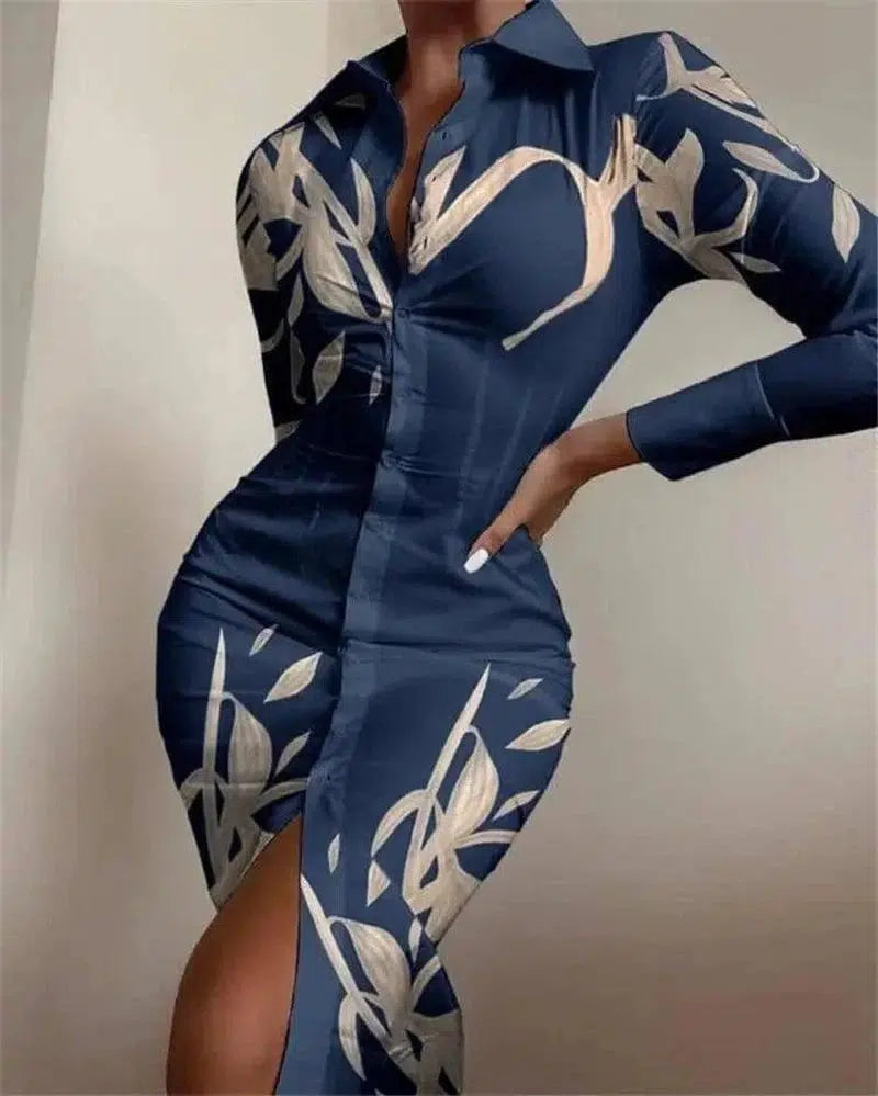 Long-sleeved Waist Printed Shirt Dress-Dark Blue-3