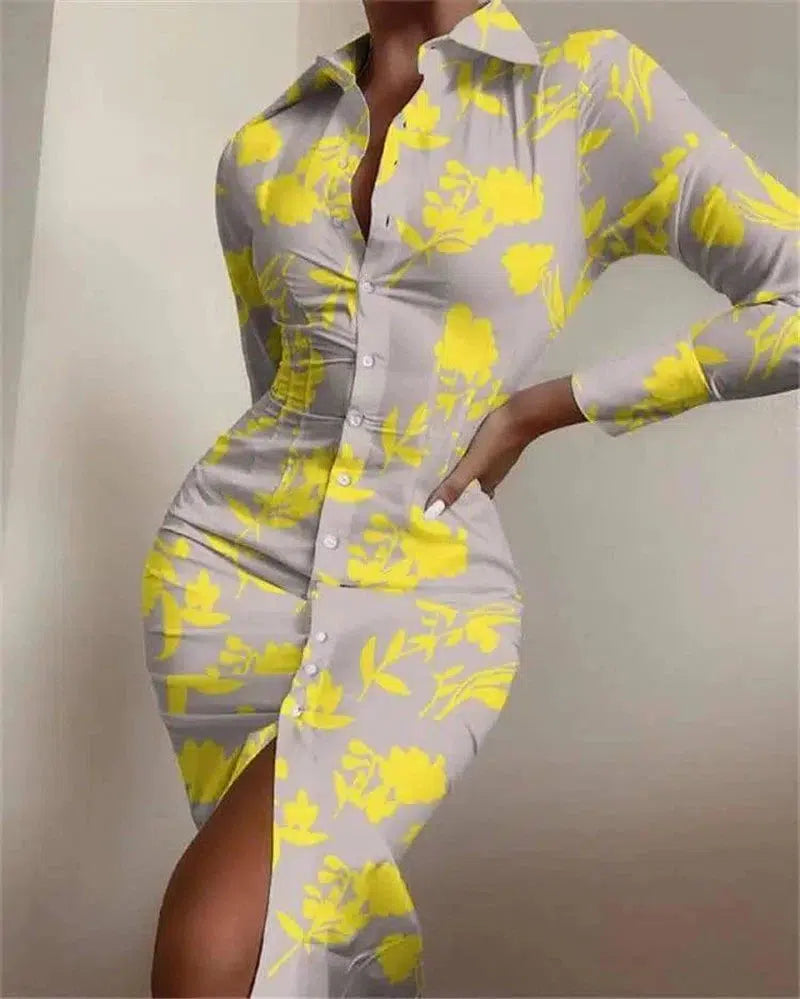 Long-sleeved Waist Printed Shirt Dress-Yellow leaves-7