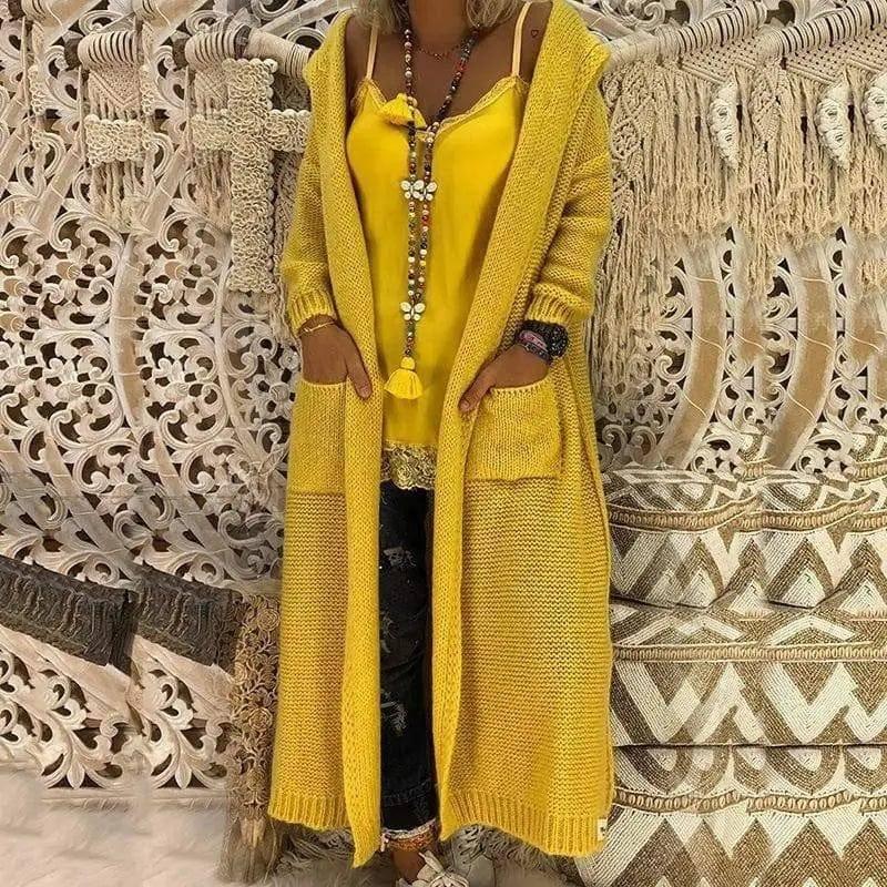 Loose, Lengthened And Lengthened Knitted Cardigan Hooded-Yellow-3