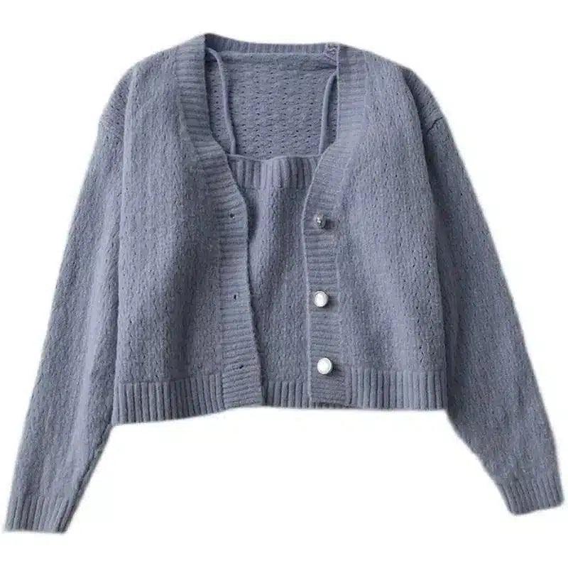 Loose Single-breasted V-neck Long-sleeved Knit Cardigan Is-1