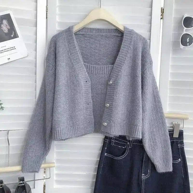 Loose Single-breasted V-neck Long-sleeved Knit Cardigan Is-Grey-4