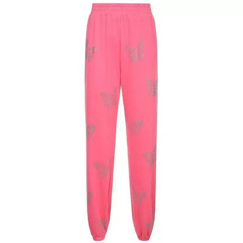 Women's Butterfly Embroidered Tracksuit Set-Pants pink-7