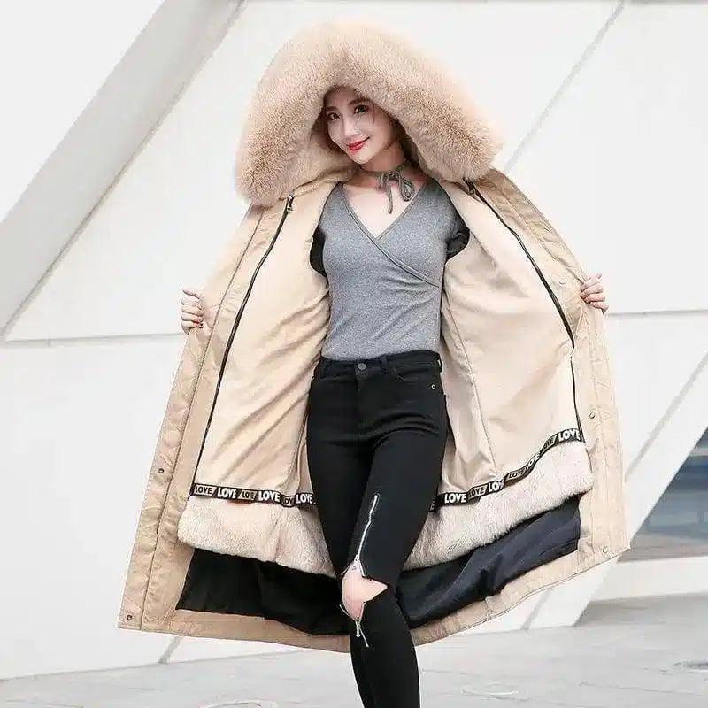 Winter Coat with Fur Trim Hood-Khaki-3