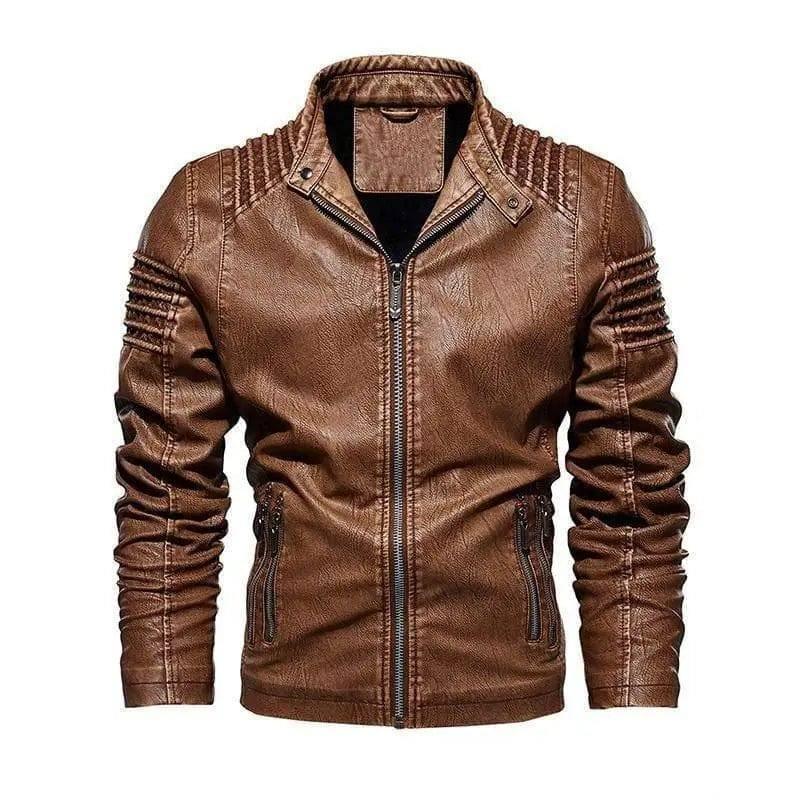 Men Leather Jacket Winter And Autumn Motorcycle PU Warm-Brown-1