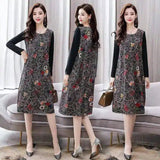 Floral Print Long Sleeve Midi Dress-Black colored flower-2