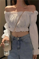 Off-Shoulder Crop Top with Long Sleeves-1