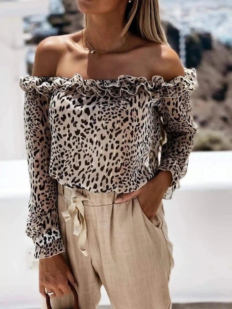 Women's Off-Shoulder Ruffle Leopard Print Top-1