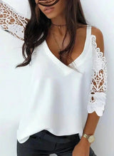 Patchwork Lace Ripped Off-Shoulder Chiffon Top-White-2