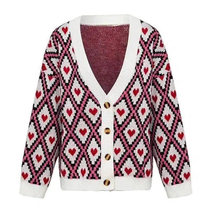 Peach Heart Diamond Cardigan Sweater-White red-2