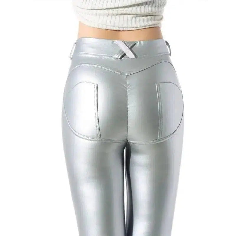 Peach Hip Leather Pants-Silver-3